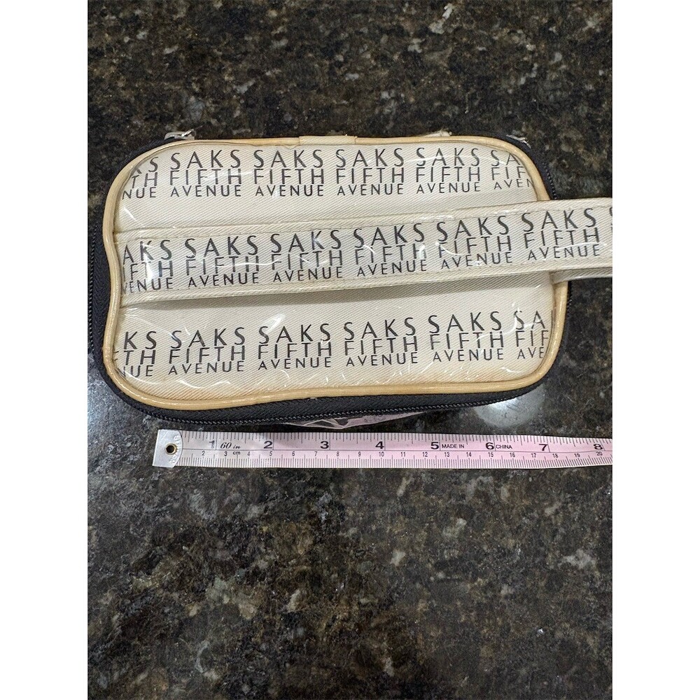 Saks Fifth Avenue Vintage Makeup Bag Clear Vinyl Logo Print Zip Top Handle - Picture 2 of 7